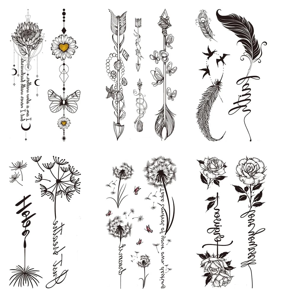 Tatouages temporaires floraux élégants pour femmes – 6 feuilles d'art corporel imperméable (designs