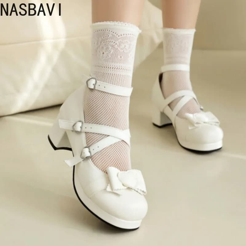 NASBAVI doux croix boucles Lolita pompes pour dames bloc talons hauts plate-forme fête de mariage Ma