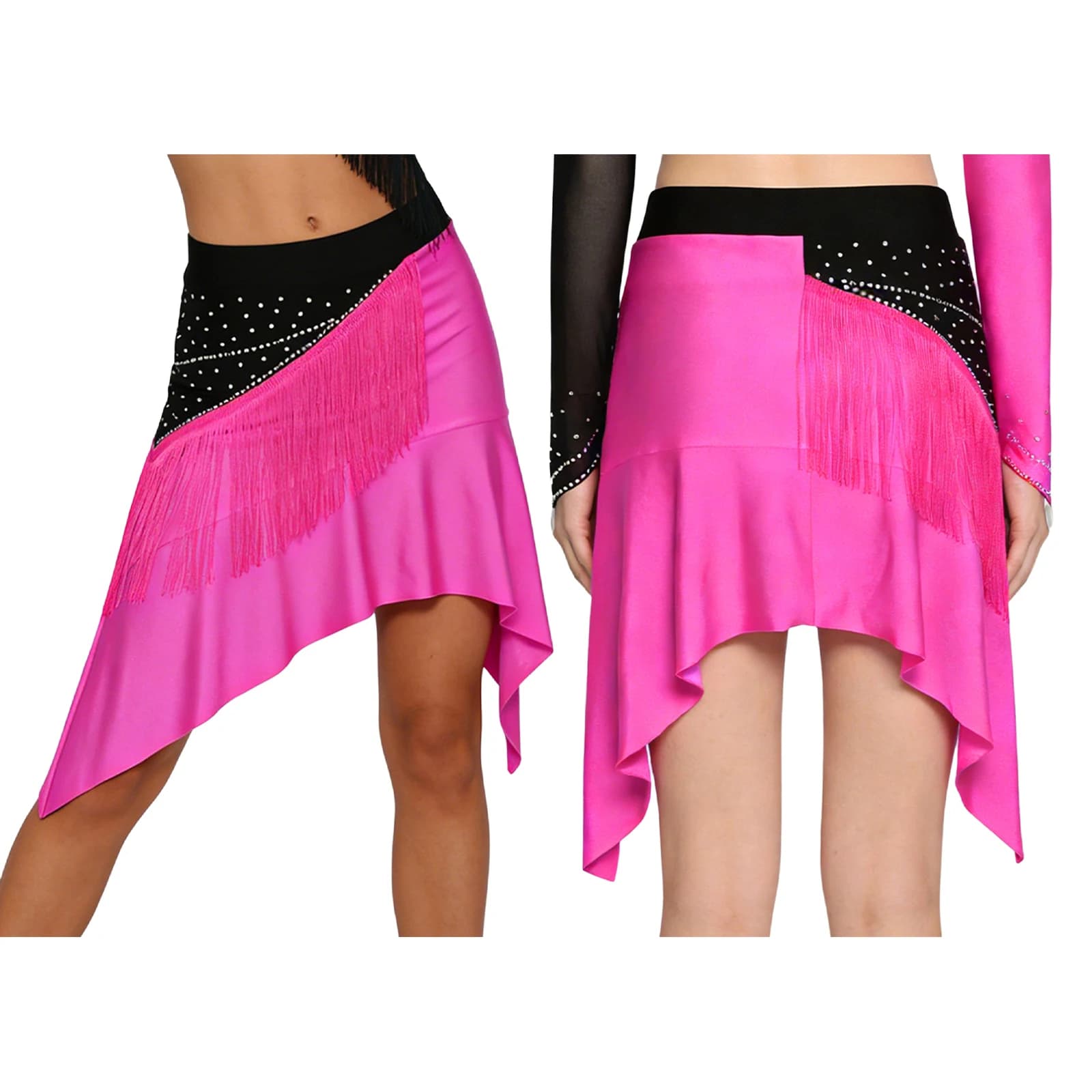 Jupe de danse de compétition Chacha Rumba pour femmes, avec franges et strass, blocs de couleur, our