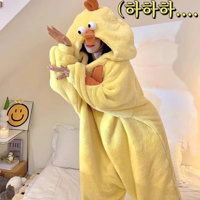 Nouveau pyjama dessin animé vêtements de nuit petit poulet jaune body corail polaire chaud confortab