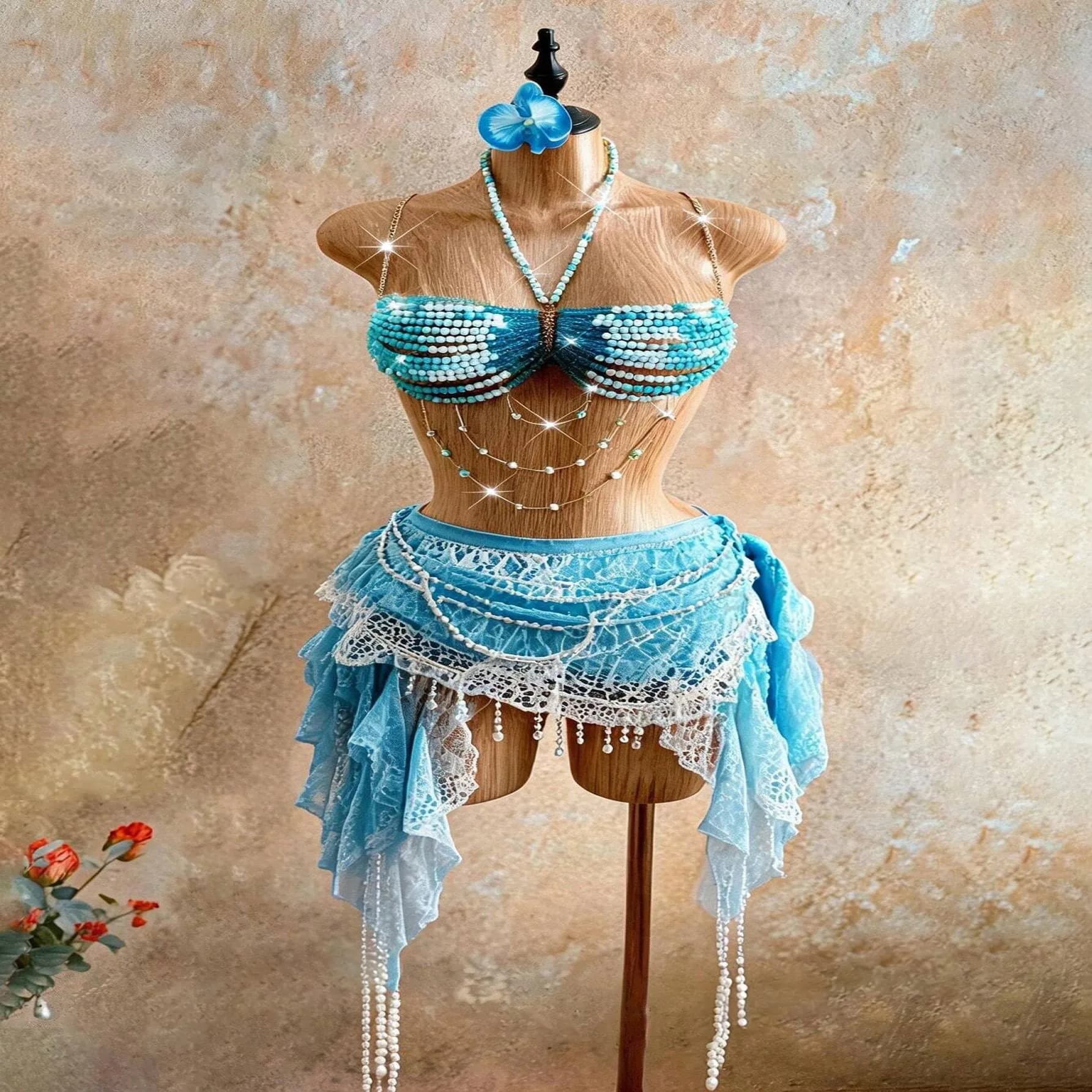 Chaîne de corps perlée multicolore bleu ciel et blanc pour femme, style soutien-gorge, pour plage, é