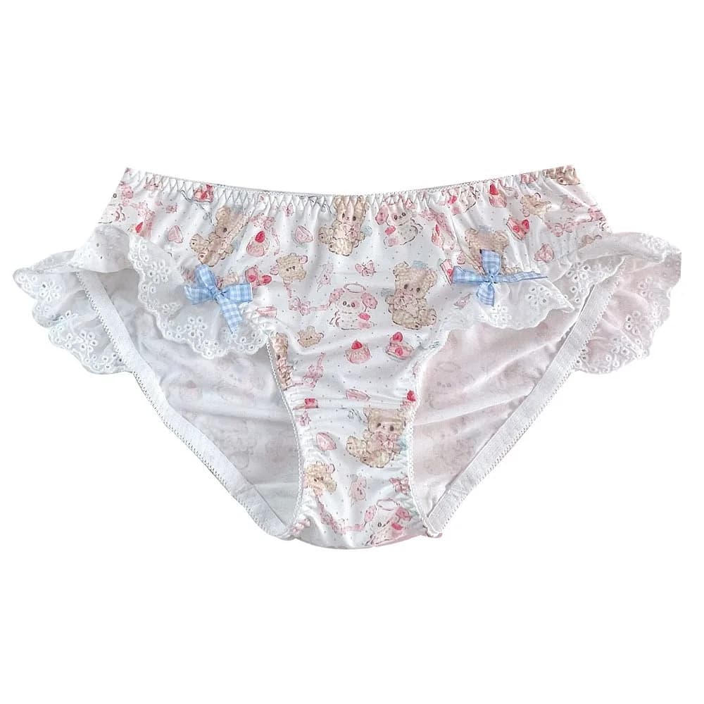 Culotte à volants en dentelle avec nœud papillon pour femme, joli sous-vêtement imprimé ours de dess