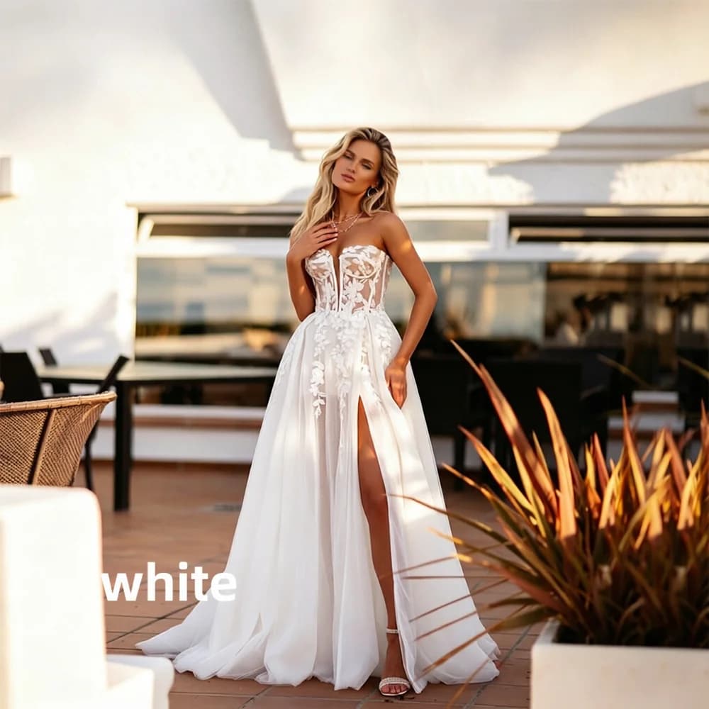 Robe de mariée sexy bustier sans bretelles dentelle florale corset transparent fente haute tulle bri