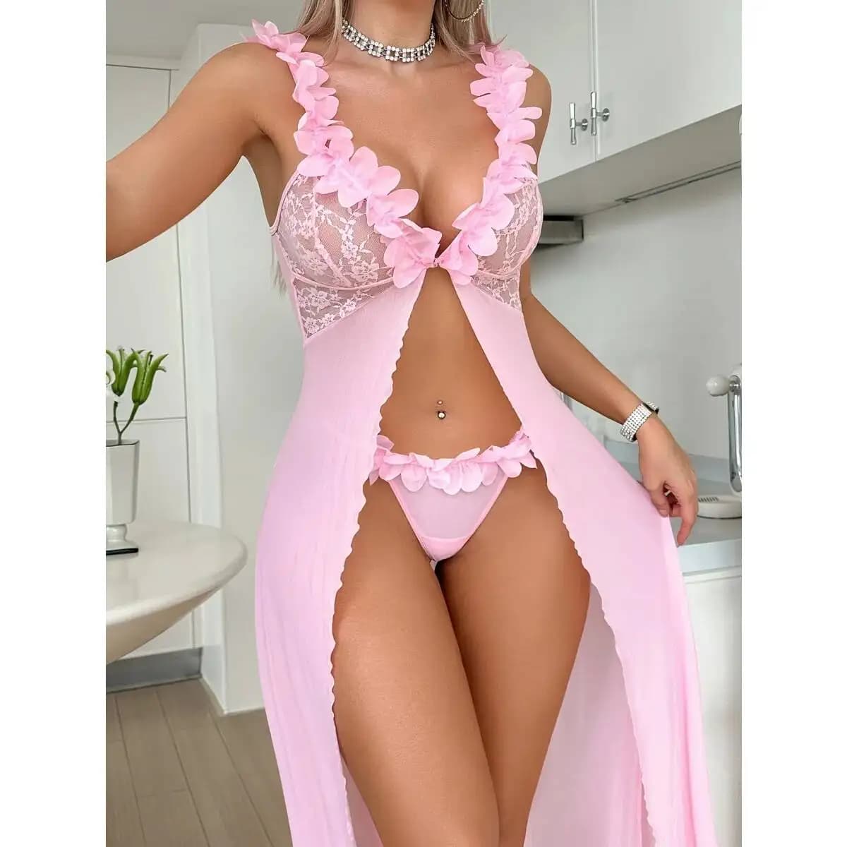 Pyjama Sexy pour femmes, garniture en dentelle fendue, Transparent, dos nu, bretelles en V profond,