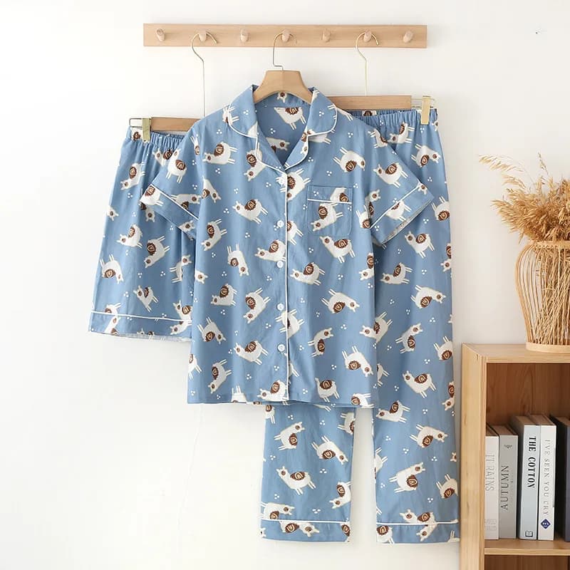 Pyjama d'été trois pièces en coton pour femme, haut à manches courtes, short, pyjama fjadt, alpaga m