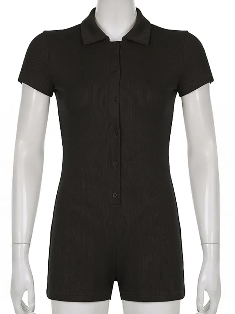 Combinaison noire côtelée à col rabattu pour femmes, body à manches courtes, simple boutonnage, bout
