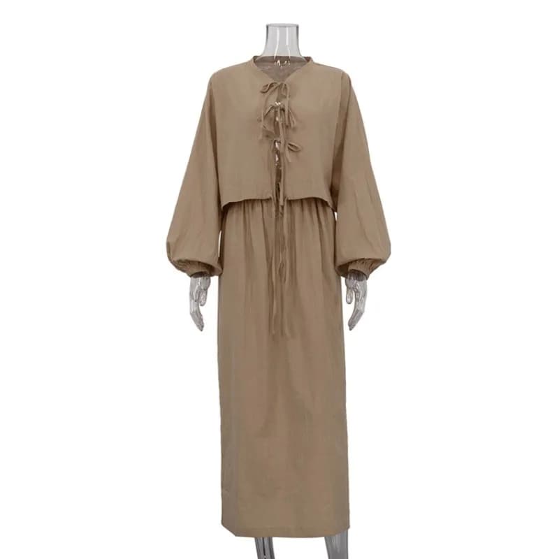 Ensemble 2 pièces vintage en lin 2026 : Blouse à manches bouffantes à nouer devant + Jupe longue – T