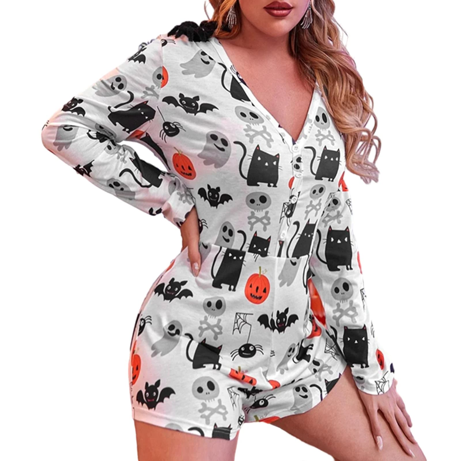 Pyjama d'Halloween à Manches sulfet Col en V Profond pour Femme, Barboteuse, Combinaison, Short, Vêt