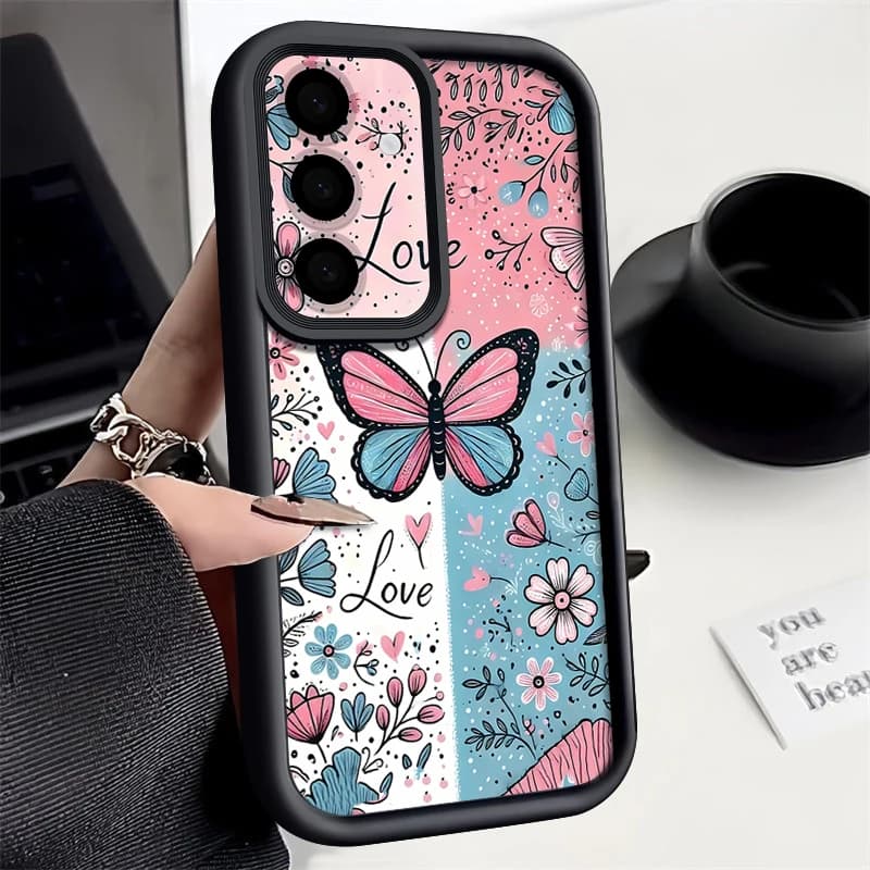 Étui floral bleu rose papillon pour Samsung Galaxy S26 S25 S24 Ultra S23 S22 S21 FE A54 A15 A35 A55