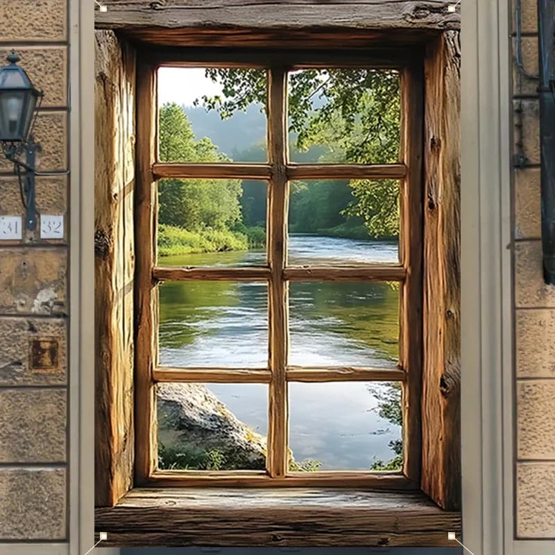 Une simple fenêtre d'art paysager 2D recouverte d'une bannière - aspect cadre en bois réaliste, vue
