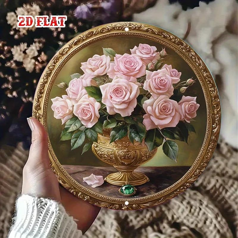 Décor classique en étain-peinture élégante encadrée en or de roses dans un vase orné, affiche ronde