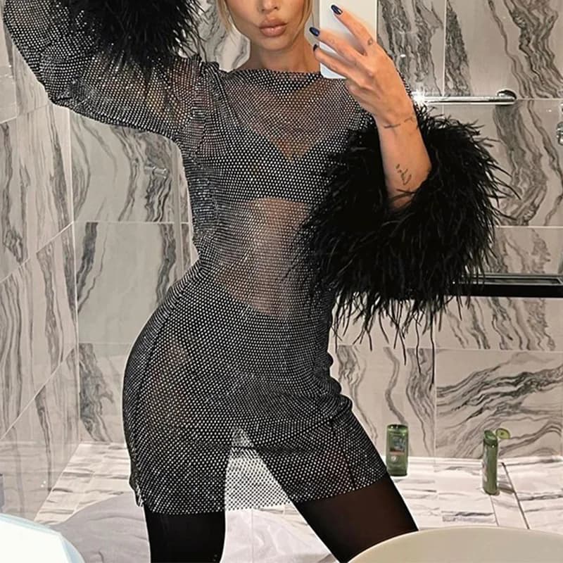 Robe de soirée en maille brillante pour dames, mini robe, plume, manches longues, tambour, robes de