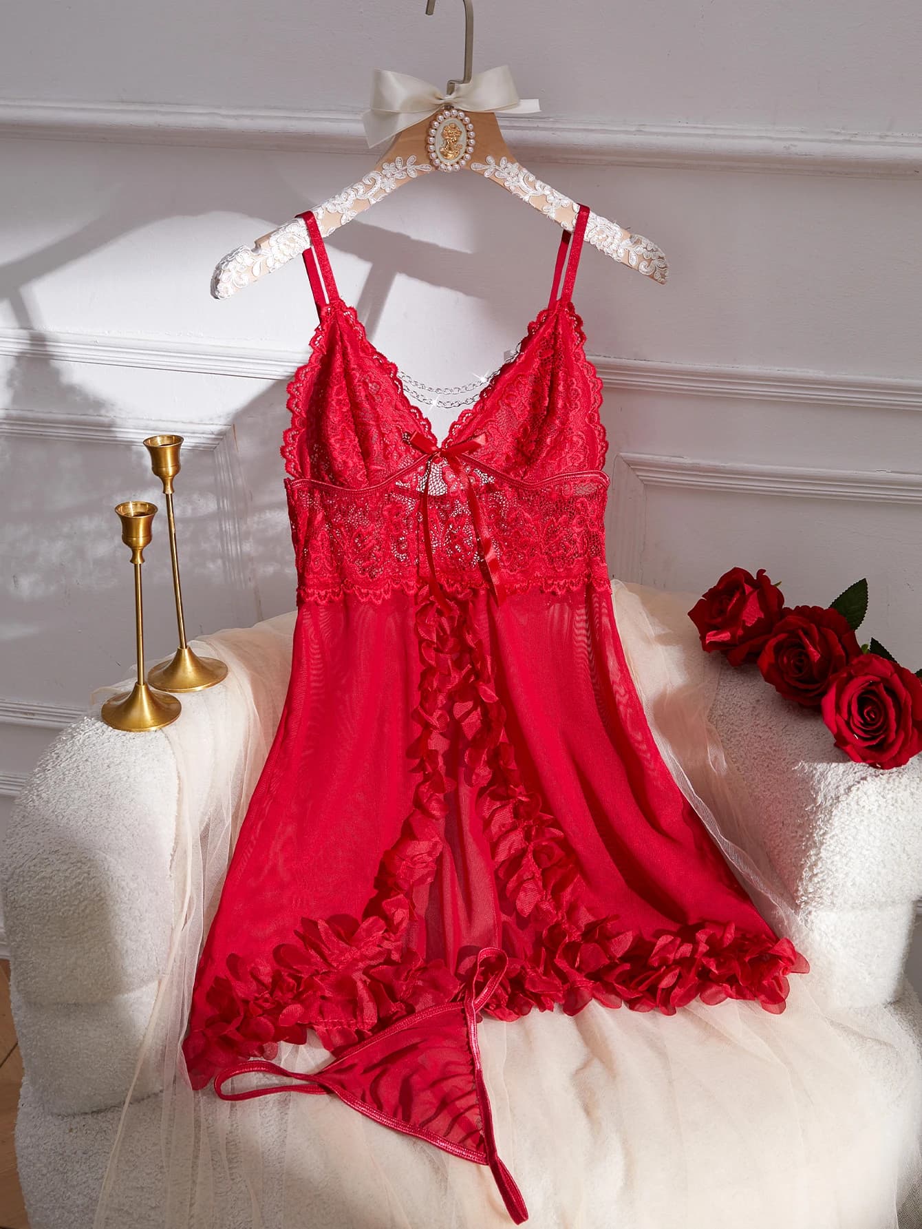 Ensemble de lingerie babydoll en dentelle bleue pour femme - Chemise à bretelles spaghetti à col en