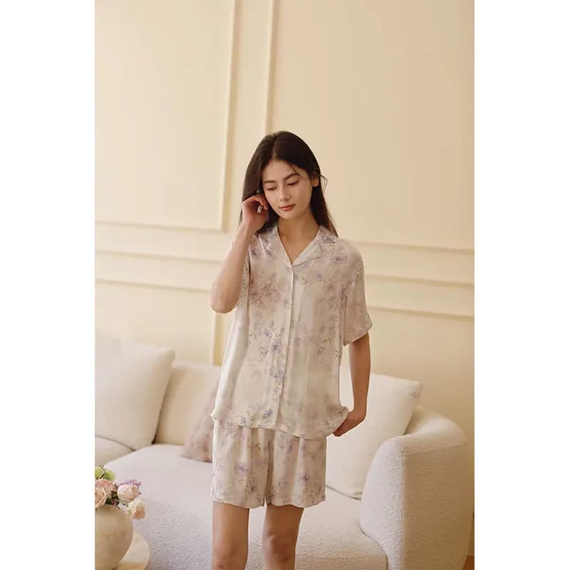 Pyjama d'été en Satin pour femmes, imprimé Rose violette, romantique, Short à manches courtes, confo