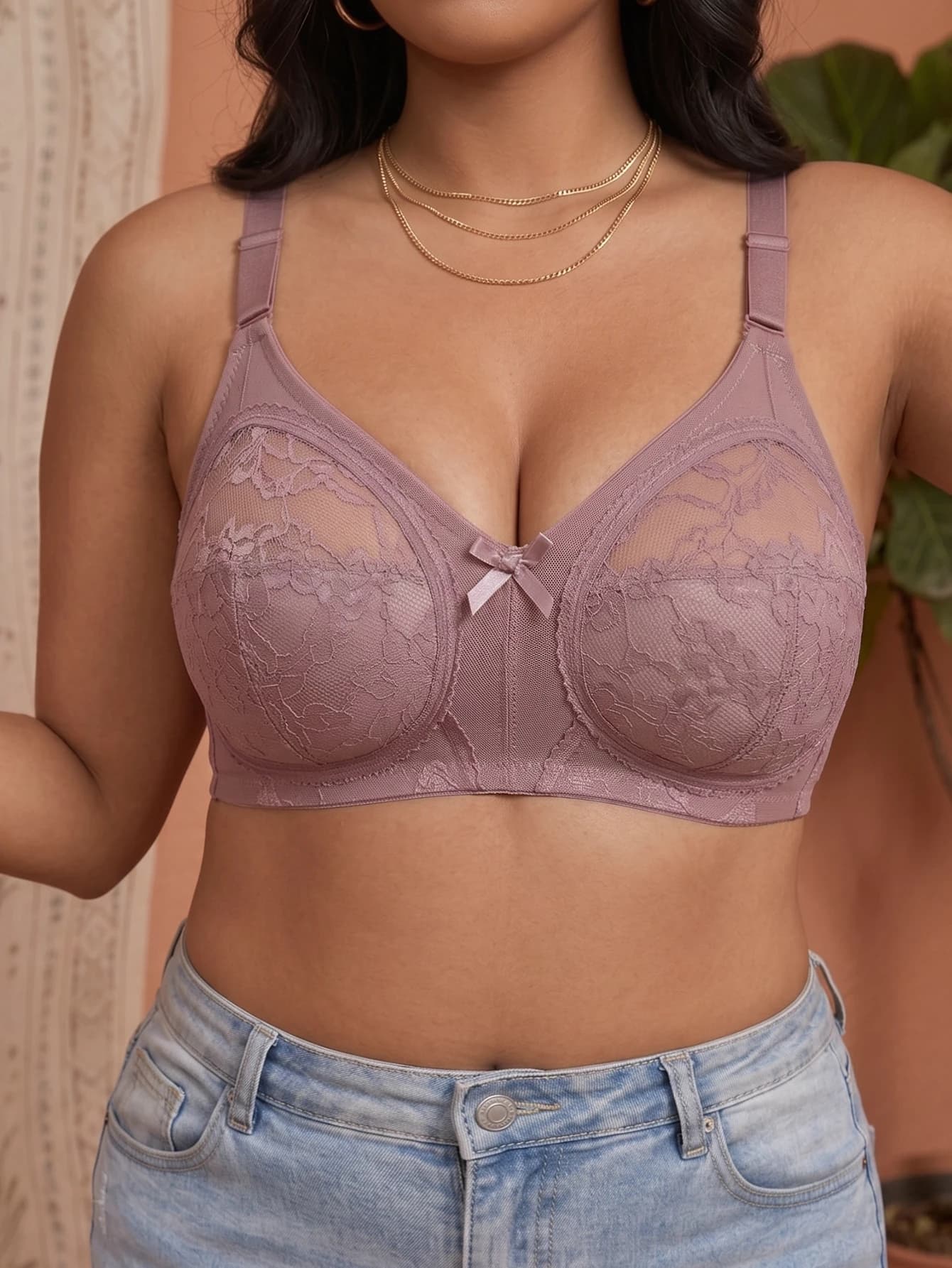 Soutien-gorge sans armatures en dentelle et maille pour femmes grandes tailles, couvrant entièrement