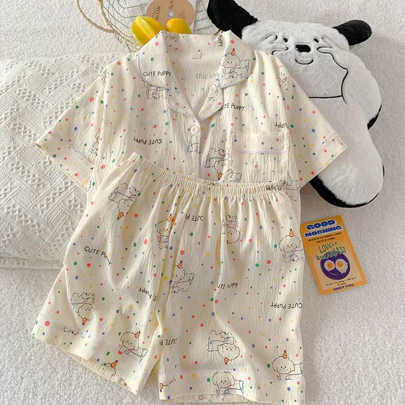 Pyjama d'été pour femme, style fin avec pois et motif chiot, short à manches courtes, doux et mignon