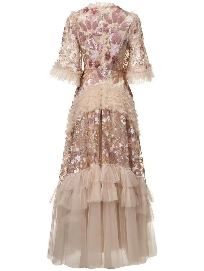 DSXDFACAIRIJ femmes paillettes fleur broderie col rond manches évasées à volants Vintage robe de bal