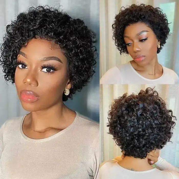 Perruques coupe lutin cheveux humains courts bouclés avant de lacet perruques de cheveux humains bré