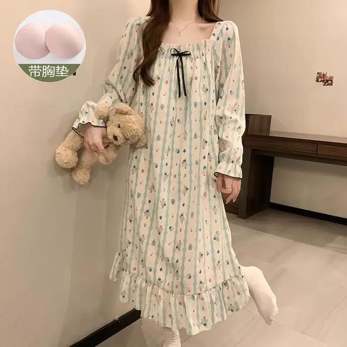 Chemise de nuit à manches longues pour adolescentes avec rembourrage poitrine, vêtements d'intérieur