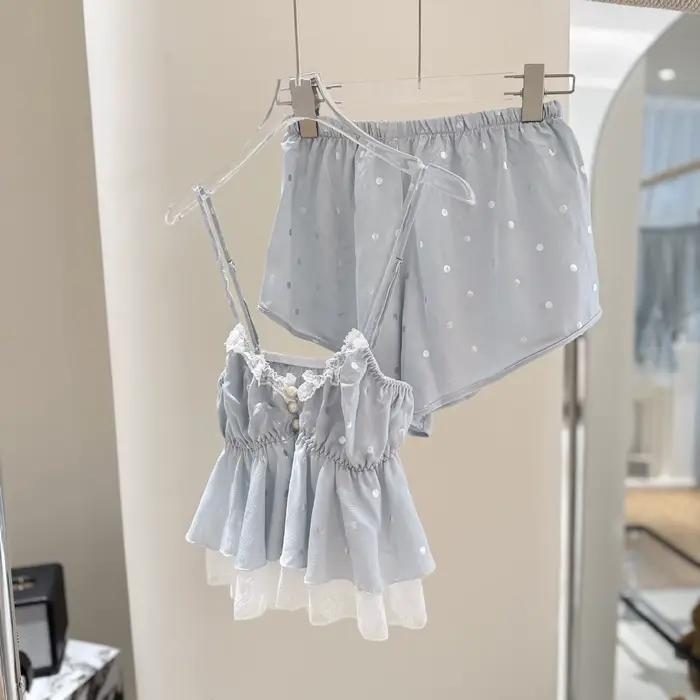 Letné šaty pyžamo štvordielny oblek Sexy čipka podväzok nočná košeľa spodná bielizeň hodvábne saténové dámske nočné oblečenie Pijamas oblek relaxačné oblečenie