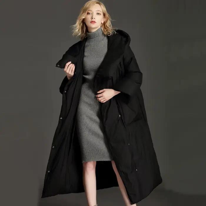 Veste longue et ample en duvet de canard pour femme, manteau avec col d'oreiller et capuche, surdime