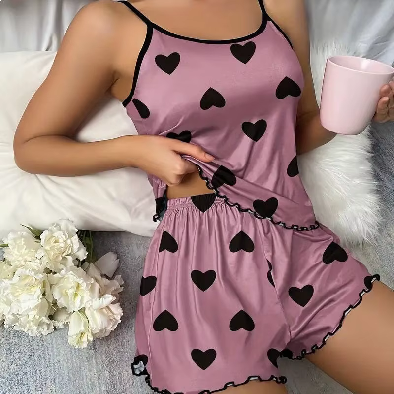 Ensemble pyjama pour femmes, T-Shirts et shorts, T-Shirt rose imprimé en forme de cœur, col rond, ha