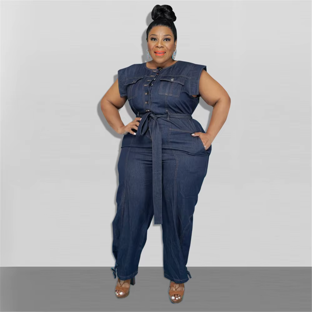 Combinaison en denim à col rond pour femmes, vêtements grande taille, costume de batterie commandé,