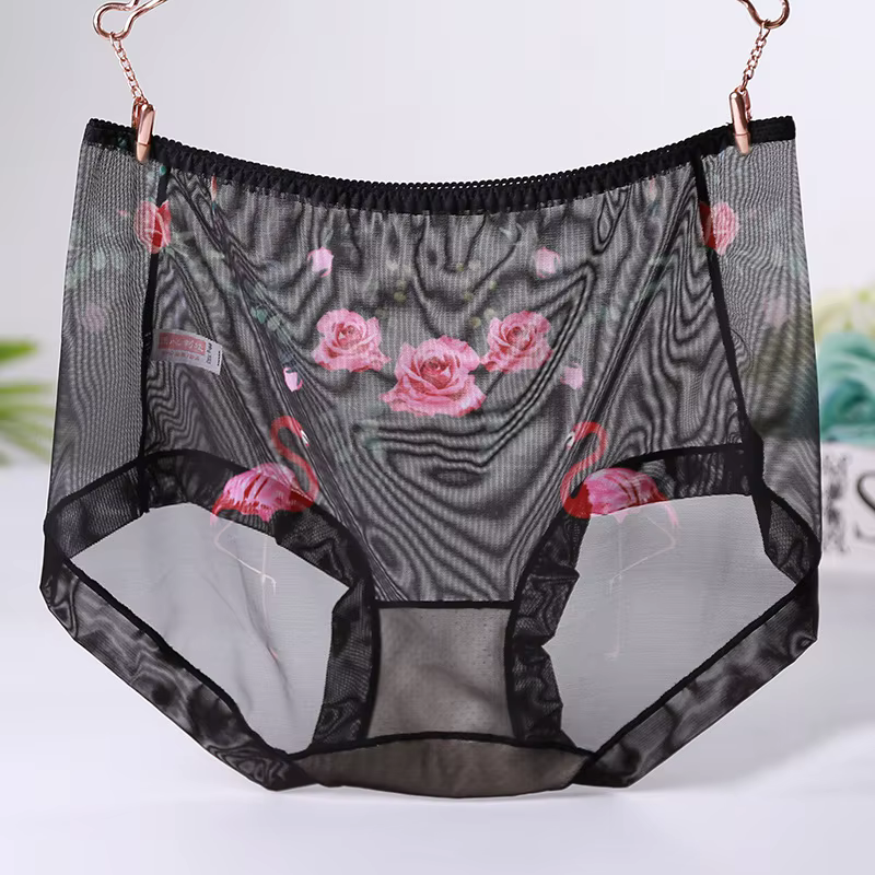 Culotte en maille transparente Ultra-fine pour femme, sous-vêtement Sexy imprimé, grande taille