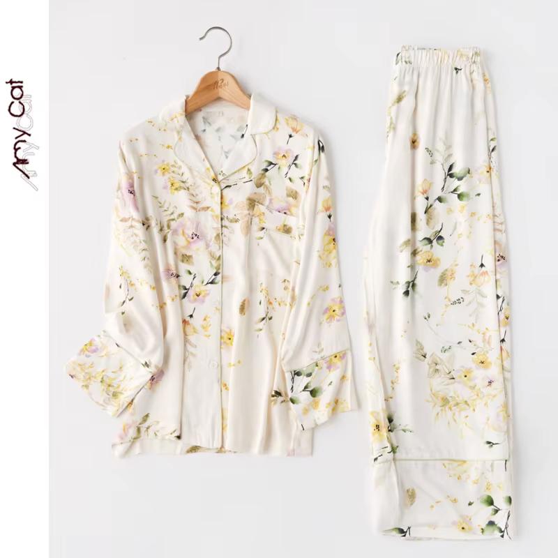 Ensemble pyjama à manches longues pour femmes, imprimé Floral, haut et pantalon boutonné à revers, c
