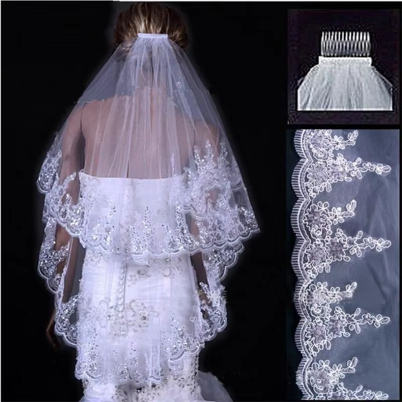 Voiles de mariage de luxe 2 couches dentelle Applique bord avec perles strass voile de mariée access
