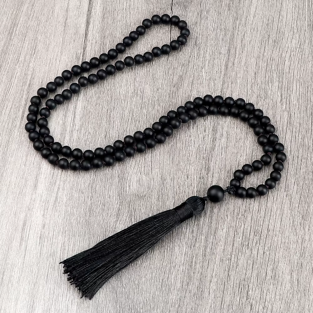Colliers en pierre d'onyx noir, 6/8mm, brillant et mat, perles nouées, pour femmes et hommes, Yoga,
