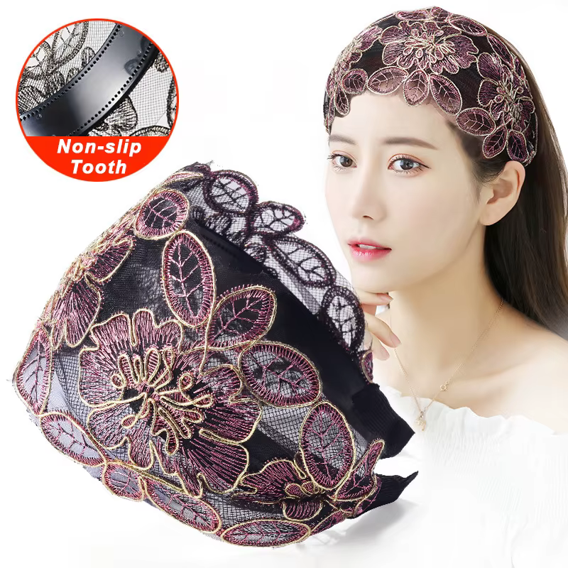 Dentelle fleurs bandeau large femmes cheveux cerceau bandeaux denté antidérapant élastique bandeau l