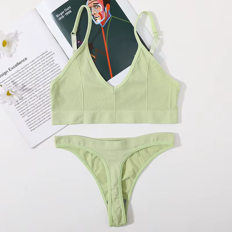 Ensemble soutien-gorge et culotte sans couture pour femmes, tongs taille basse, dos court en forme d