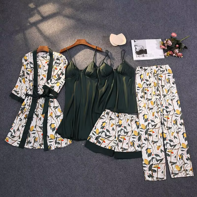 Ensemble de Pyjama pour Femme, Imprimé en Satin, avec Dentelle, Vêtements de Nuit, avec Ceinture, Co