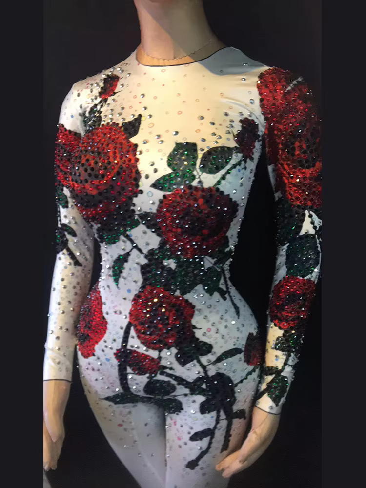 Combinaison Sexy à Fleurs Roses Rouges pour Femme, Costumes de ixd'Anniversaire, Vêtements de Scène,