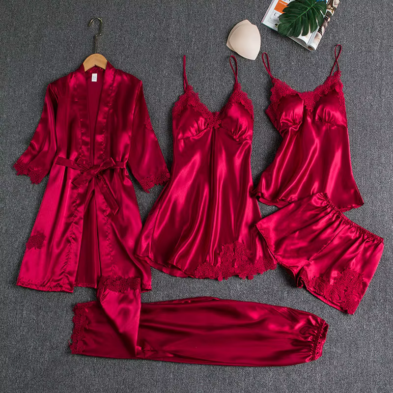 Vêtements de nuit femme 5 pièces ensemble de pyjamas Satin Pyjamamas dentelle Patchwork mariée vêtem