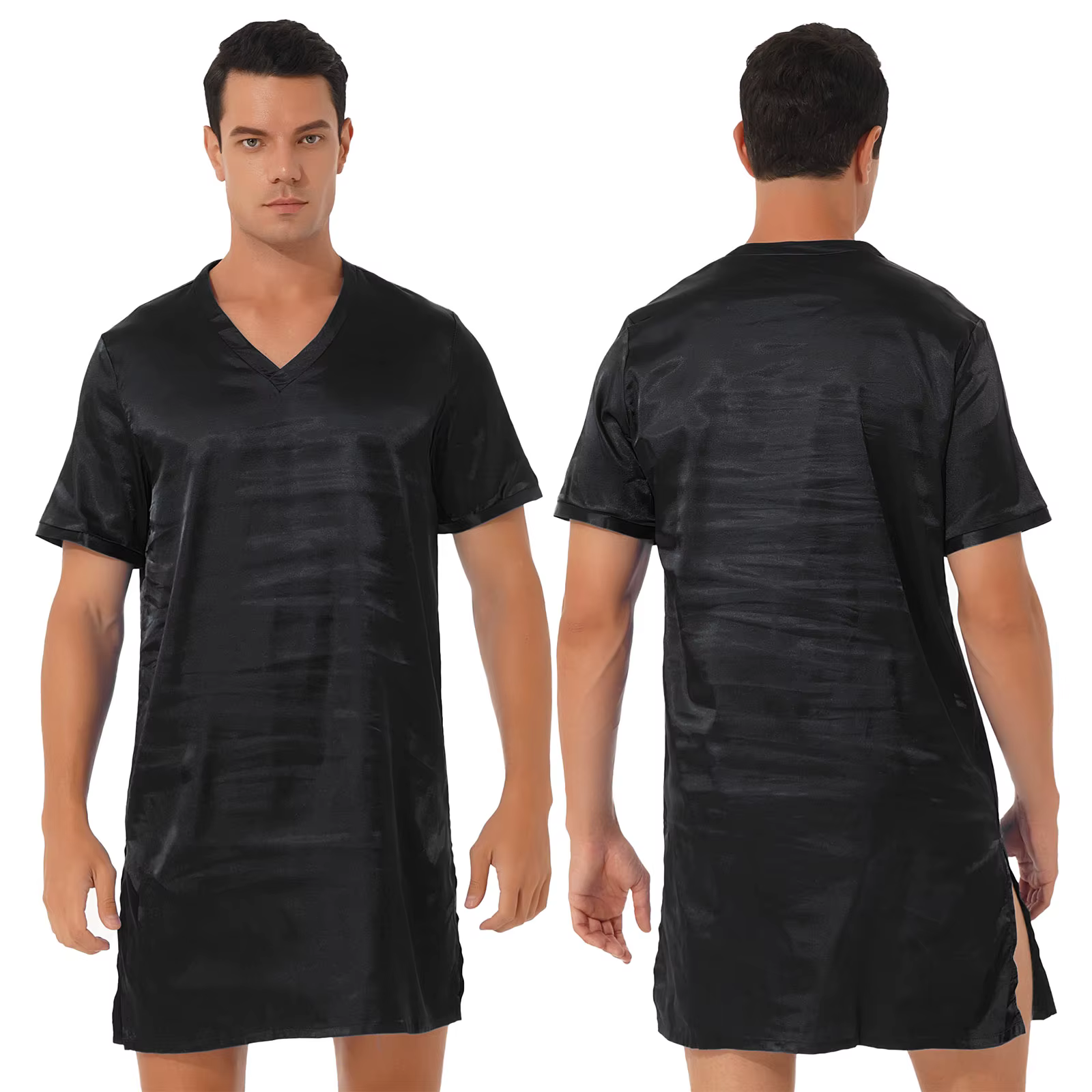 Hommes Satin vêtements de nuit hauts chemise de nuit chemise de nuit pyjama robe à manches courtes s