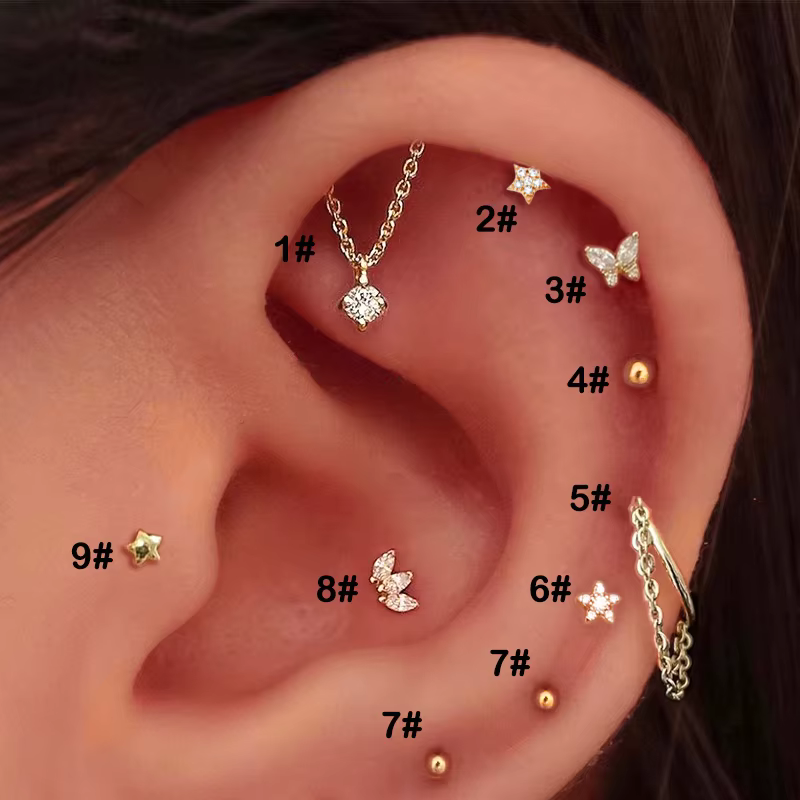 Tragus Piercing femmes boucles d'oreilles cerceau avec chaîne Helix étoile papillon couronne Zircon