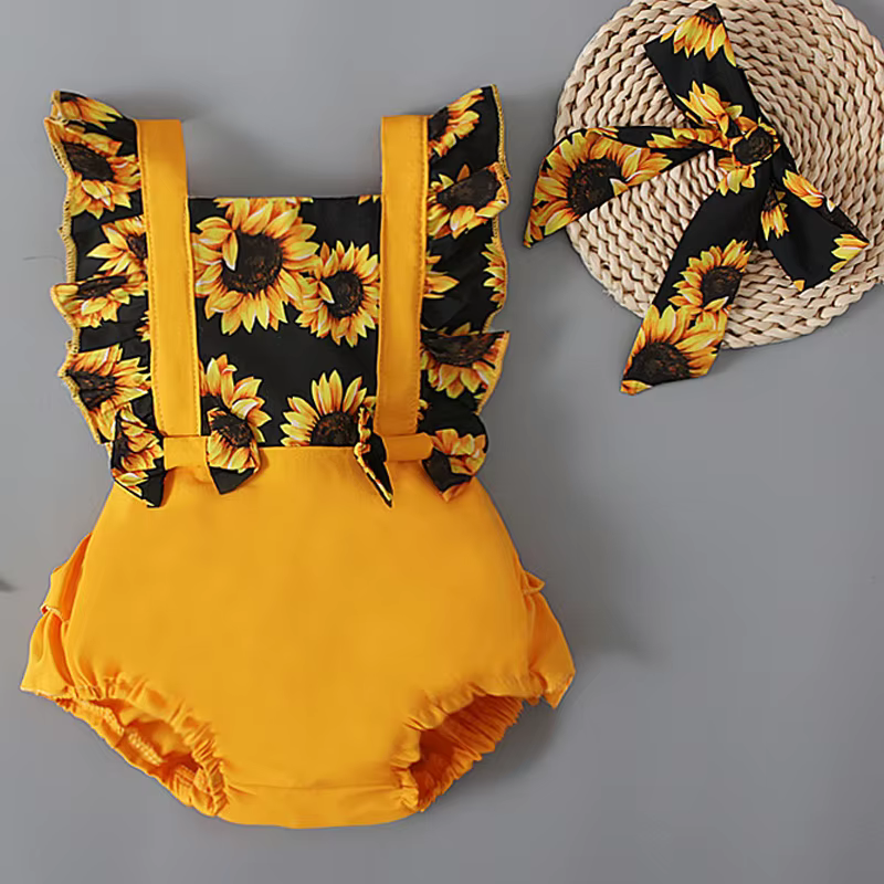 Barboteuse tournesol à manches à volants pour bébé fille, ensemble de combinaison pour nouveau-né, c