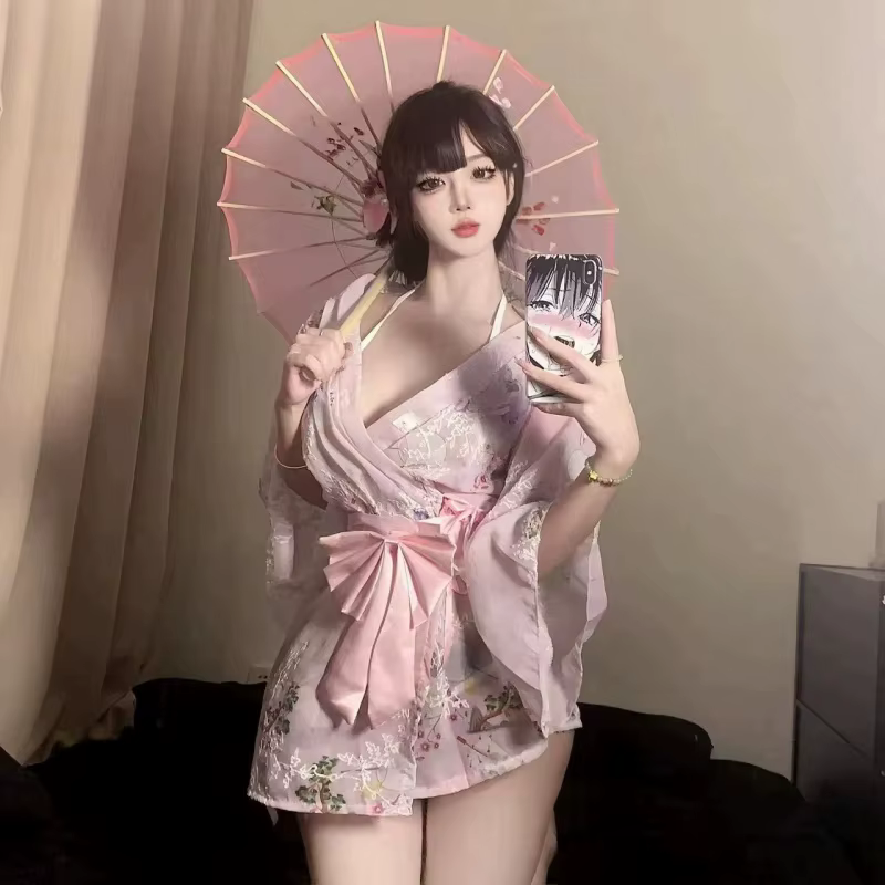 Nouvelle Robe de Nuit Kimono en Chiffon Imprimée et Brodé, Col en V Profond, Nœud Papillon, Séduisan