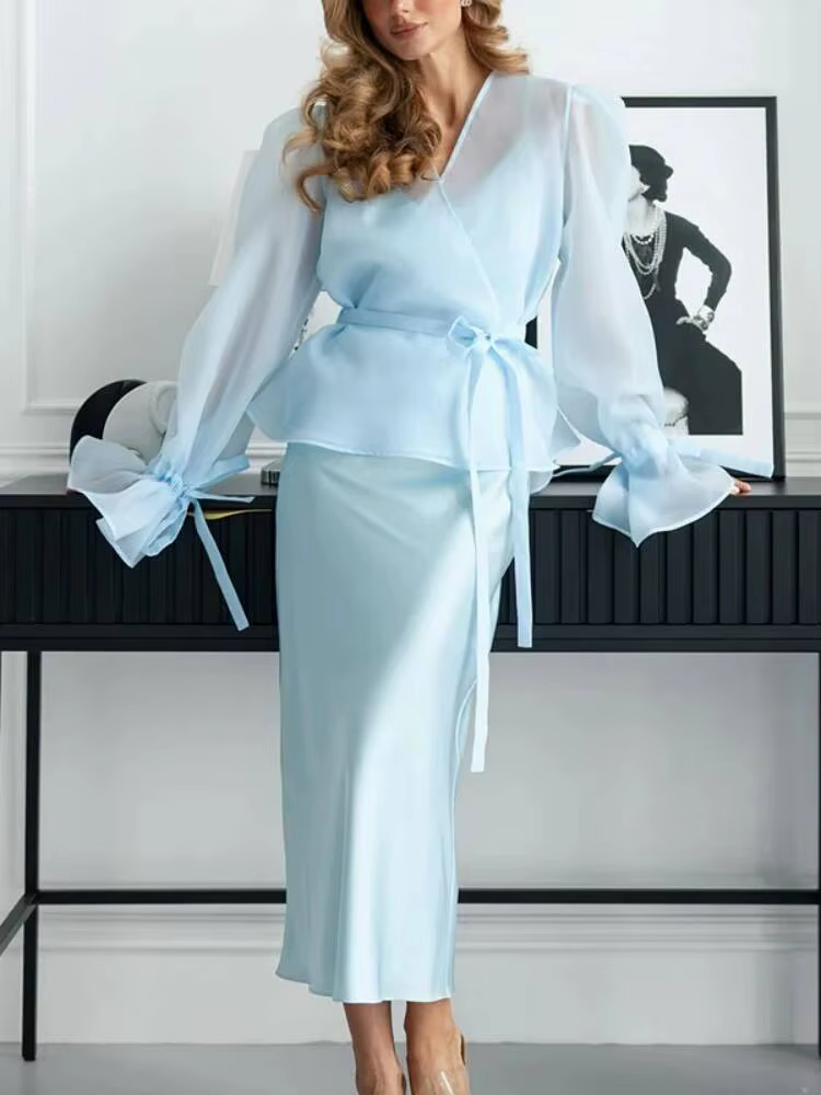 Ensemble deux pièces LGRQ pour femme : chemise à manches longues col en V et robe ajustée en satin c