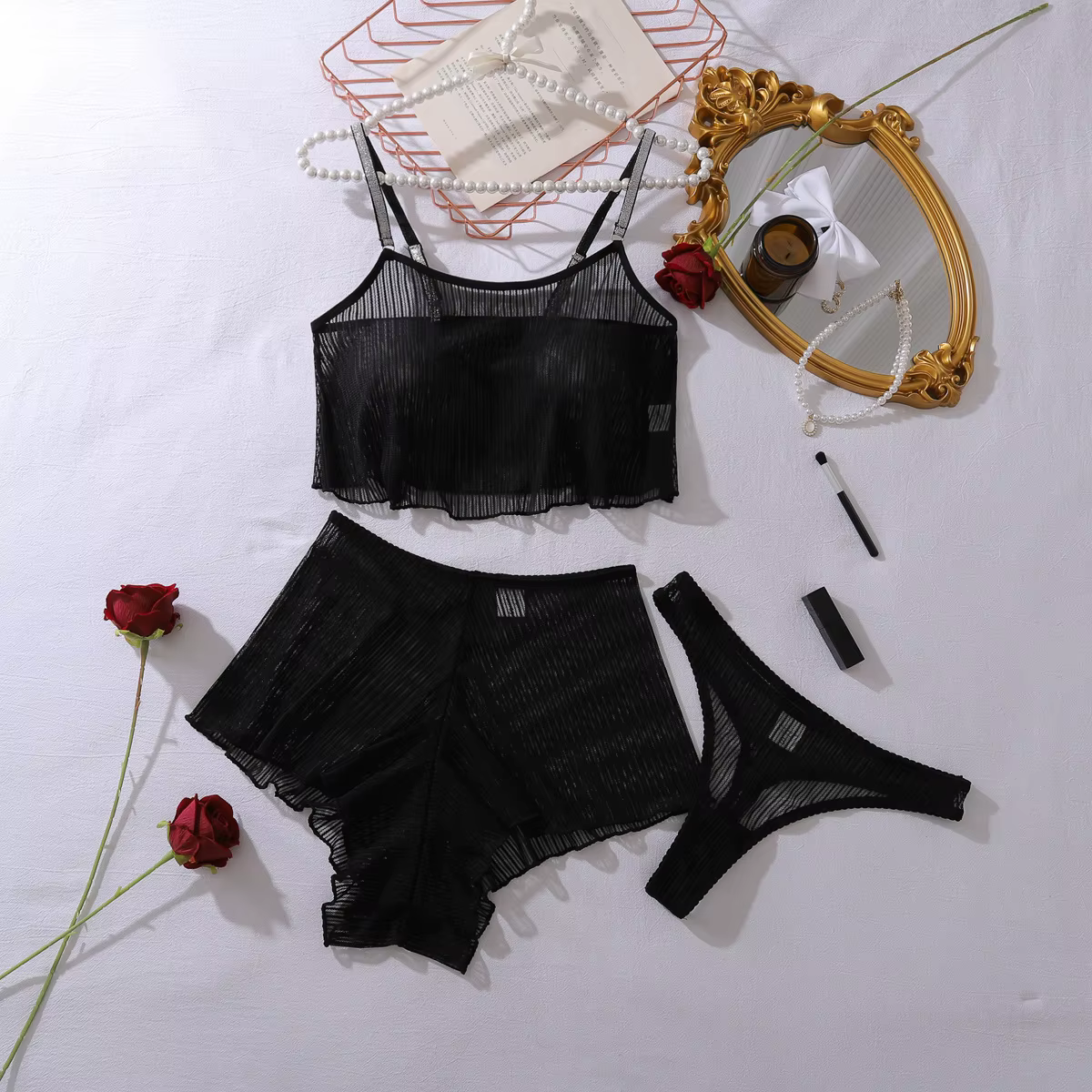 Kave – Lingerie Sexy pour femmes, bretelles en strass brillants, ensemble trois pièces, maille sensu