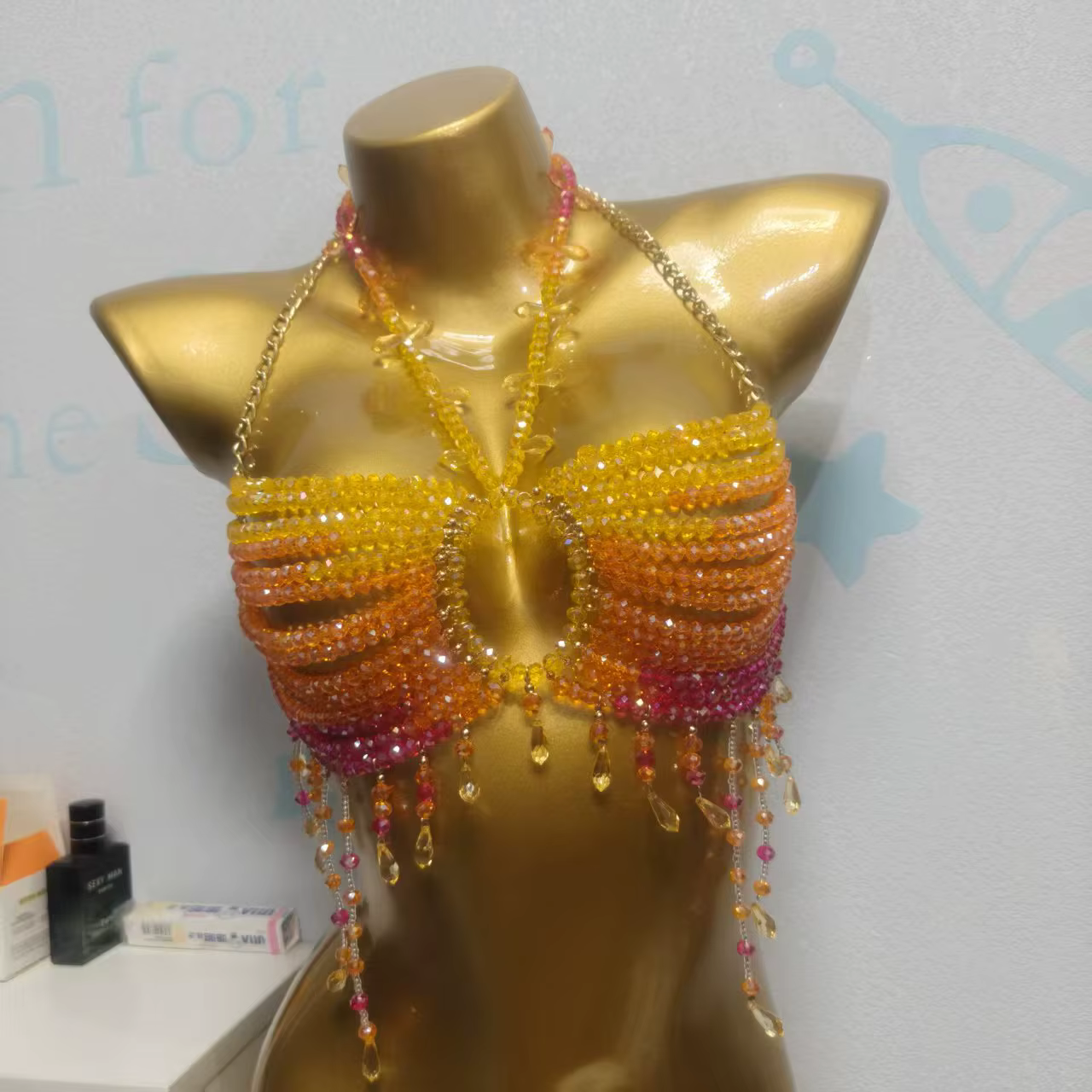 Top de plage à bretelles en maille tissée à la main, couleur orange changeante, 2026, avec chaîne de