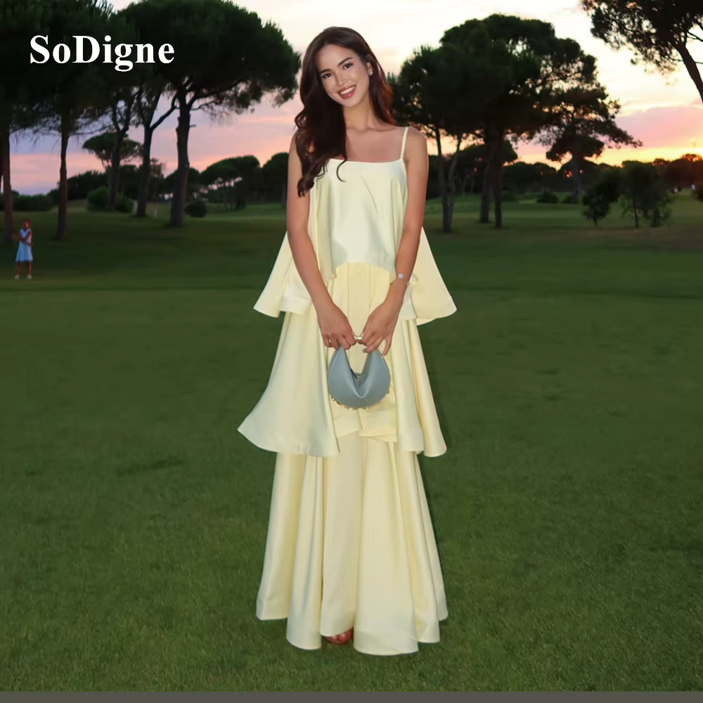 SoDigne Robes de soirée simples en satin, bretelles spaghetti, sans manches, robe de soirée à volant