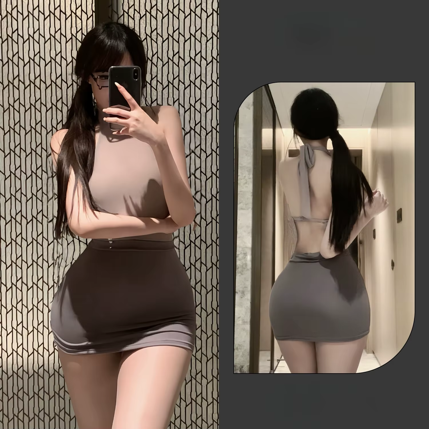 Ensemble de pyjama transparent pour femme, style uniforme de séduction, avec jupe moulante à ruban, 