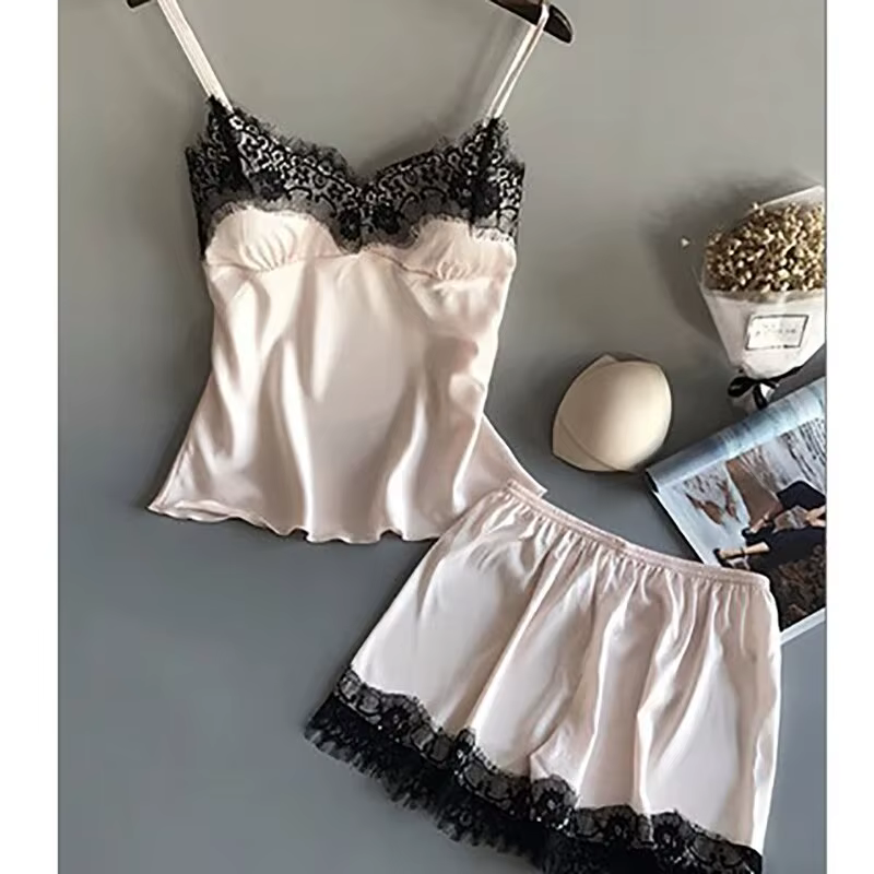 Pyjama licou pour femmes, 2 pièces, Camisole et short, vêtements de maison, rouge, noir, dentelle Se