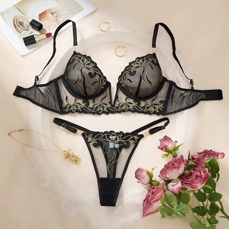 Ensemble de lingerie noire en maille pour femmes, broderie délicate, soutien-gorge et culotte fins, 