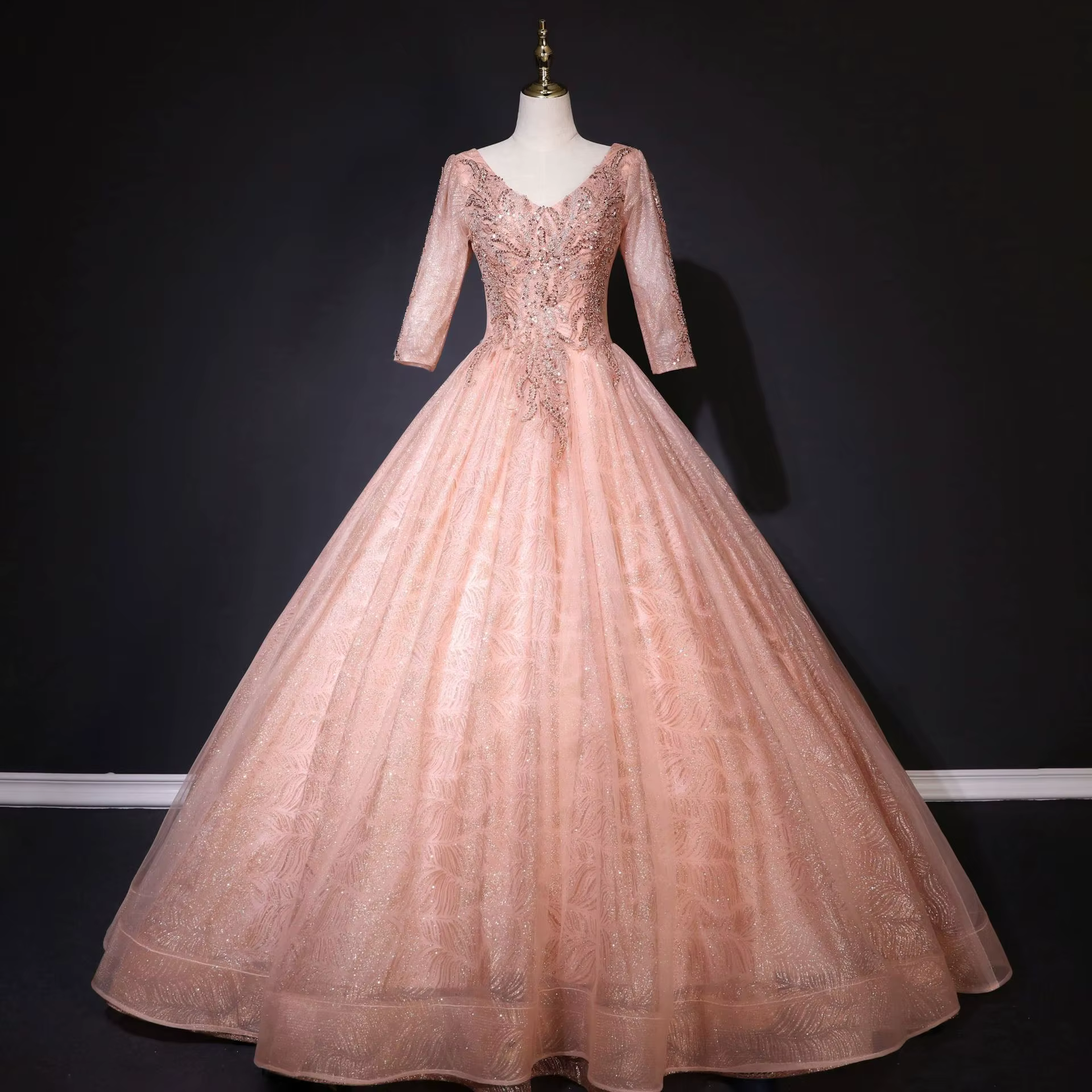 Robe de soirée de mariage à col en v, jupe bouffante française à manches longues, pour spectacle de