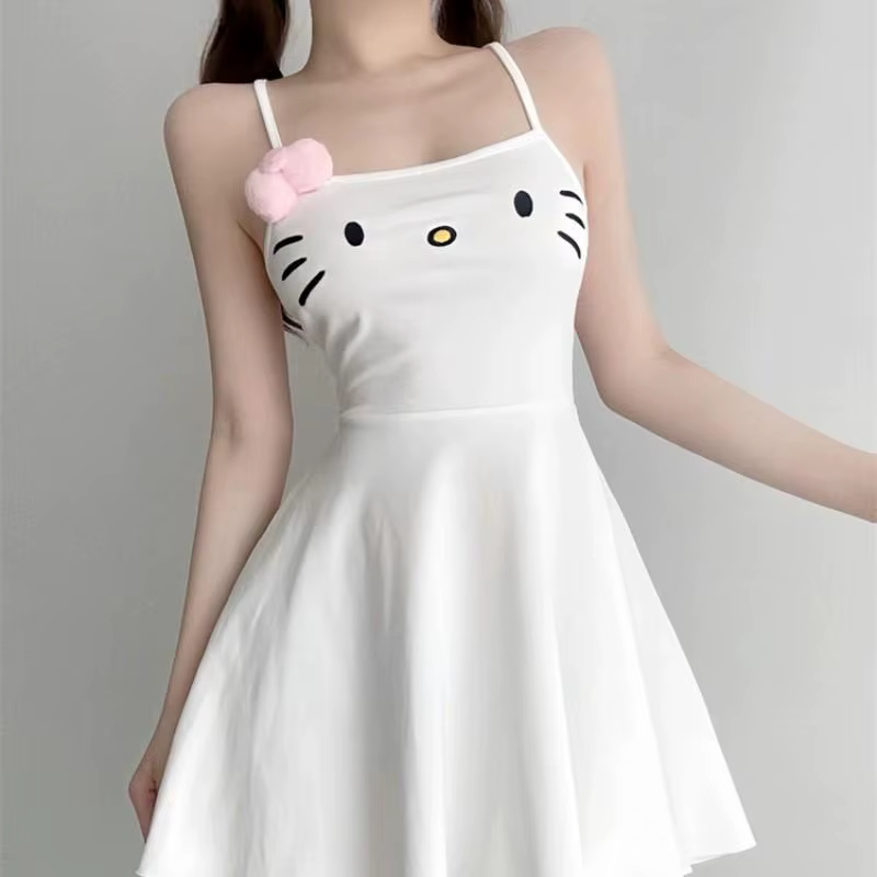 Robe blanche Hello Kitty pour fille, robe mignonne à bretelles spaghetti pour femme, robe de plage p