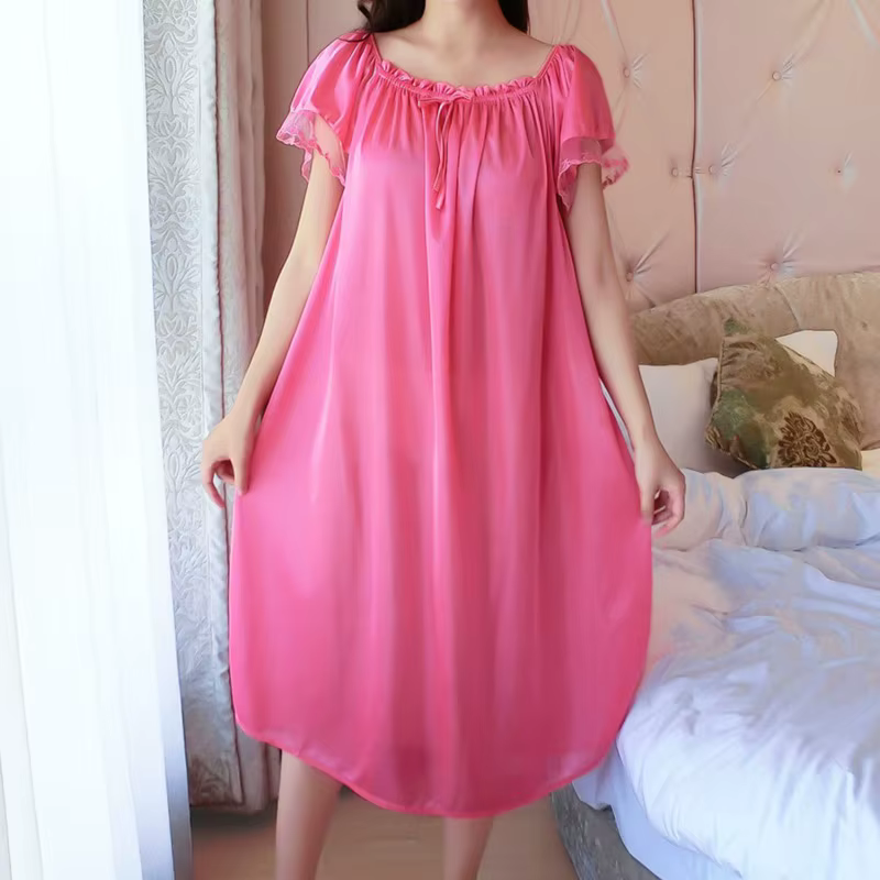 Glace soie dentelle longue vêtements de nuit col en v ensemble de vêtements de nuit chemise de nuit